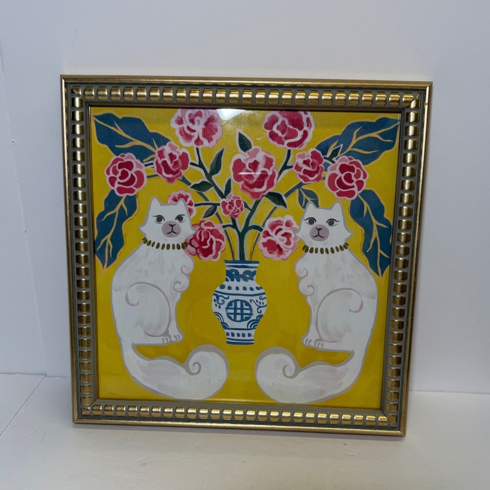 Sapna Shah White Cats Chinoiserie Vase Pink Roses Framed Canvas Art 12x12 Yellow